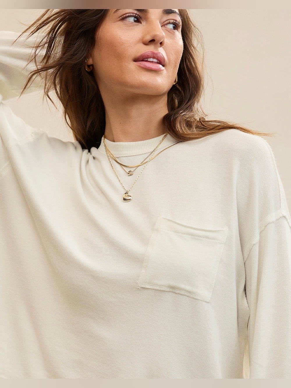 Aerie Happy Snit Pocket T-Shirt Oversized Cream Long-Sleeve Pocket Tee Sz large - Picture 5 of 7